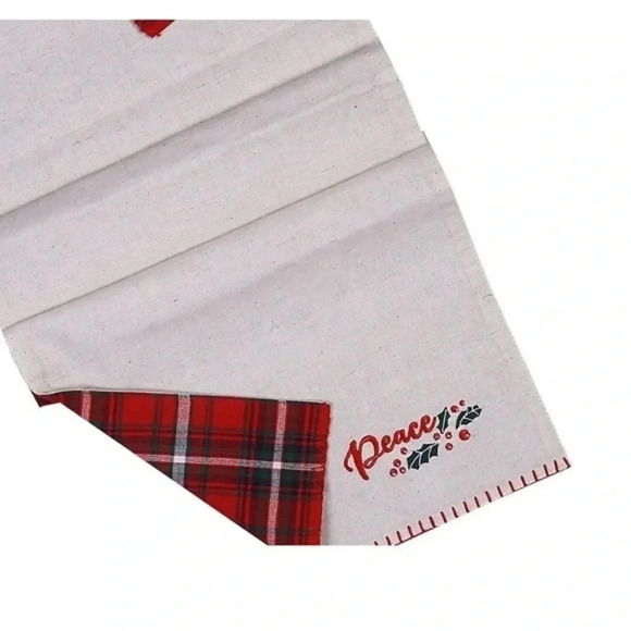 St. Nicholas Square Reversible Plaid Peace & Joy Table Runner - Picture 3 of 3